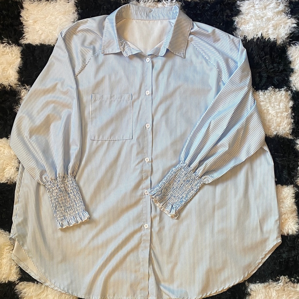 Women’s Blue and White Striped Button-Up Blouse